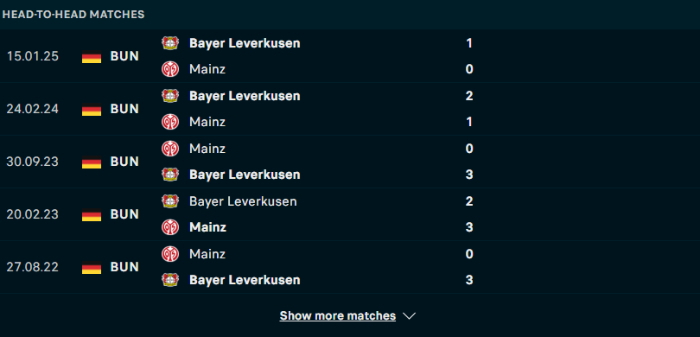 Lịch sử đối đầu Mainz 05 vs Bayer Leverkusen