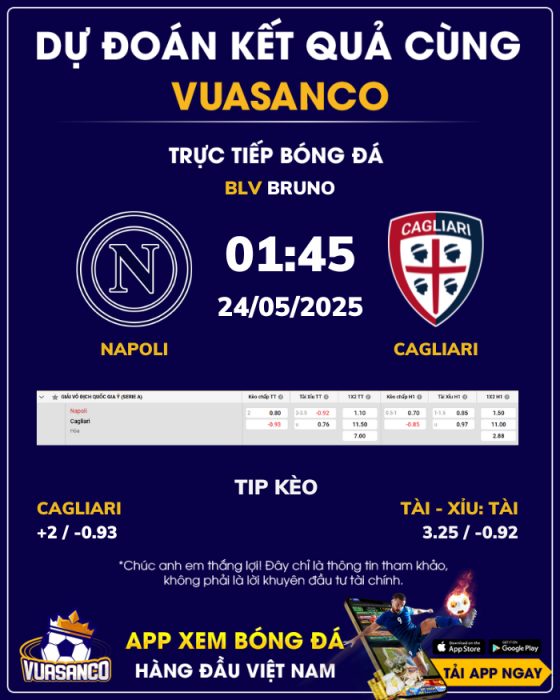 Soi kèo Napoli vs Cagliari – 01h45 – 24/05 – Serie A